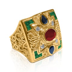 Georgios Collections 18 Karat Yellow Gold Ruby Emerald and Sapphires Wide Ring