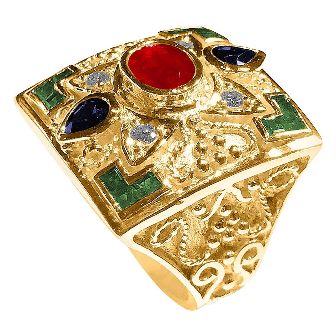 Georgios Collections 18 Karat Yellow Gold Ruby Emerald and Sapphires Wide Ring
