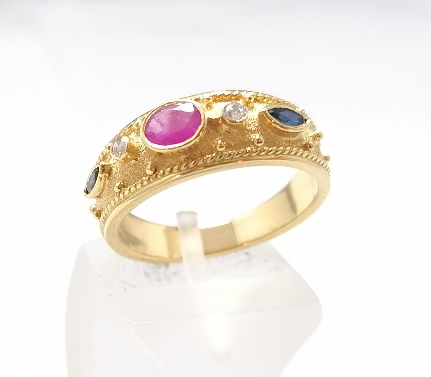 Georgios Collections 18 Karat Yellow Gold Ruby Sapphire and Diamond Band Ring 7