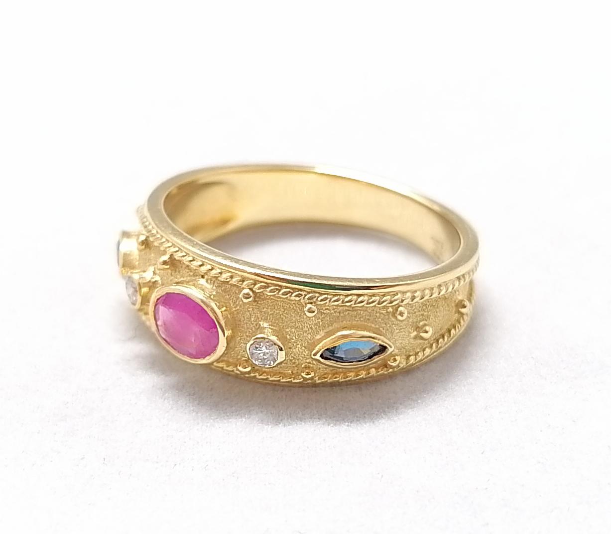 Byzantine Georgios Collections 18 Karat Yellow Gold Ruby Sapphire and Diamond Band Ring