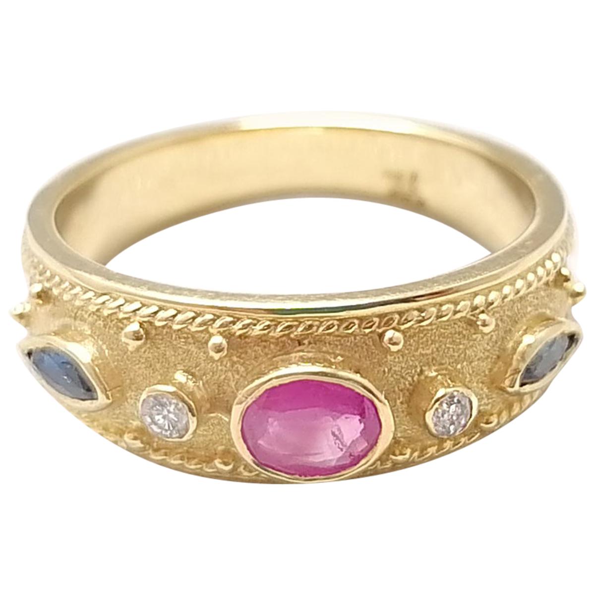 Georgios Collections 18 Karat Yellow Gold Ruby Sapphire and Diamond Band Ring