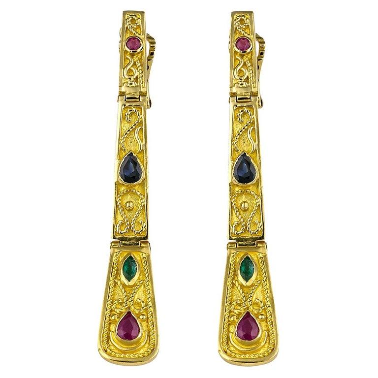 Georgios Collections 18 Karat Yellow Gold Ruby Sapphire Emerald Long Earrings For Sale 8