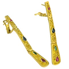 Georgios Collections 18 Karat Yellow Gold Ruby Sapphire Emerald Long Earrings