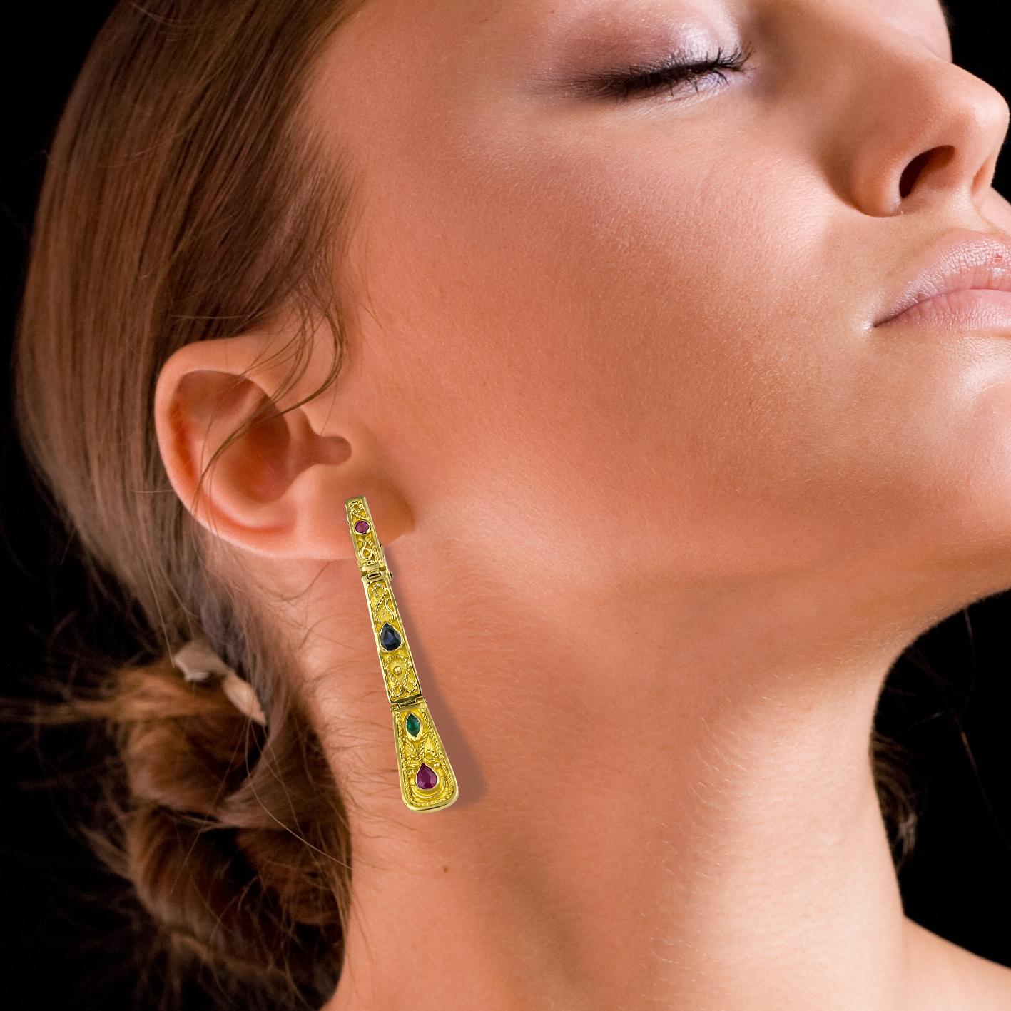 Byzantine Georgios Collections 18 Karat Yellow Gold Ruby Sapphire Emerald Long Earrings 