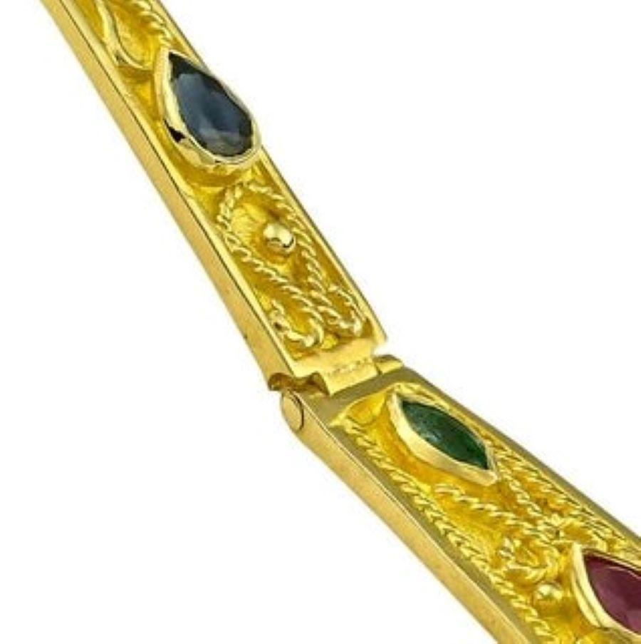 Georgios Collections 18 Karat Yellow Gold Ruby Sapphire Emerald Long Earrings For Sale 1