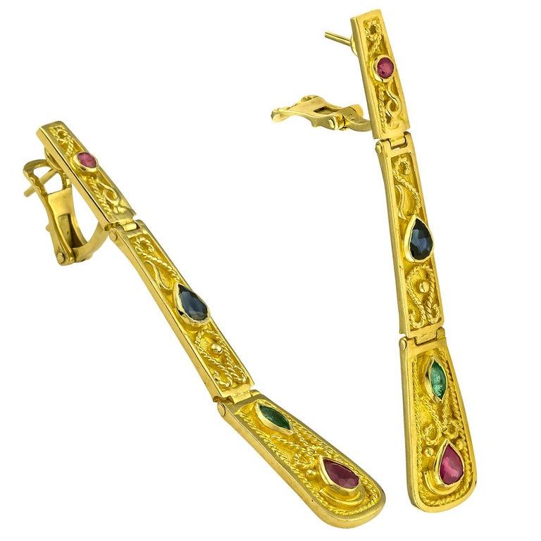 Georgios Collections 18 Karat Yellow Gold Ruby Sapphire Emerald Long Earrings For Sale 2