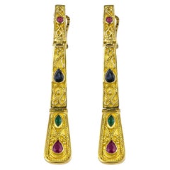 Georgios Collections 18 Karat Yellow Gold Ruby Sapphire Emerald Long Earrings