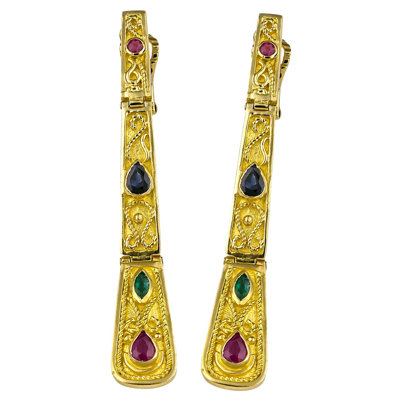 Georgios Collections 18 Karat Yellow Gold Ruby Sapphire Emerald Long Earrings 
