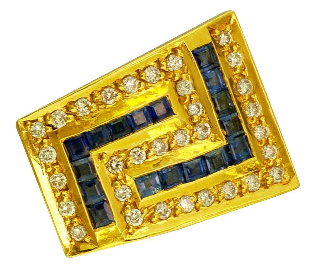 This S.Georgios designer 18 Karat Yellow Gold Pendant Enhancer is made with Diamonds and sapphires shaping the Greek Key design which symbolizes eternity - the symbol of long life - one of the most known designs in the world. The beautiful and