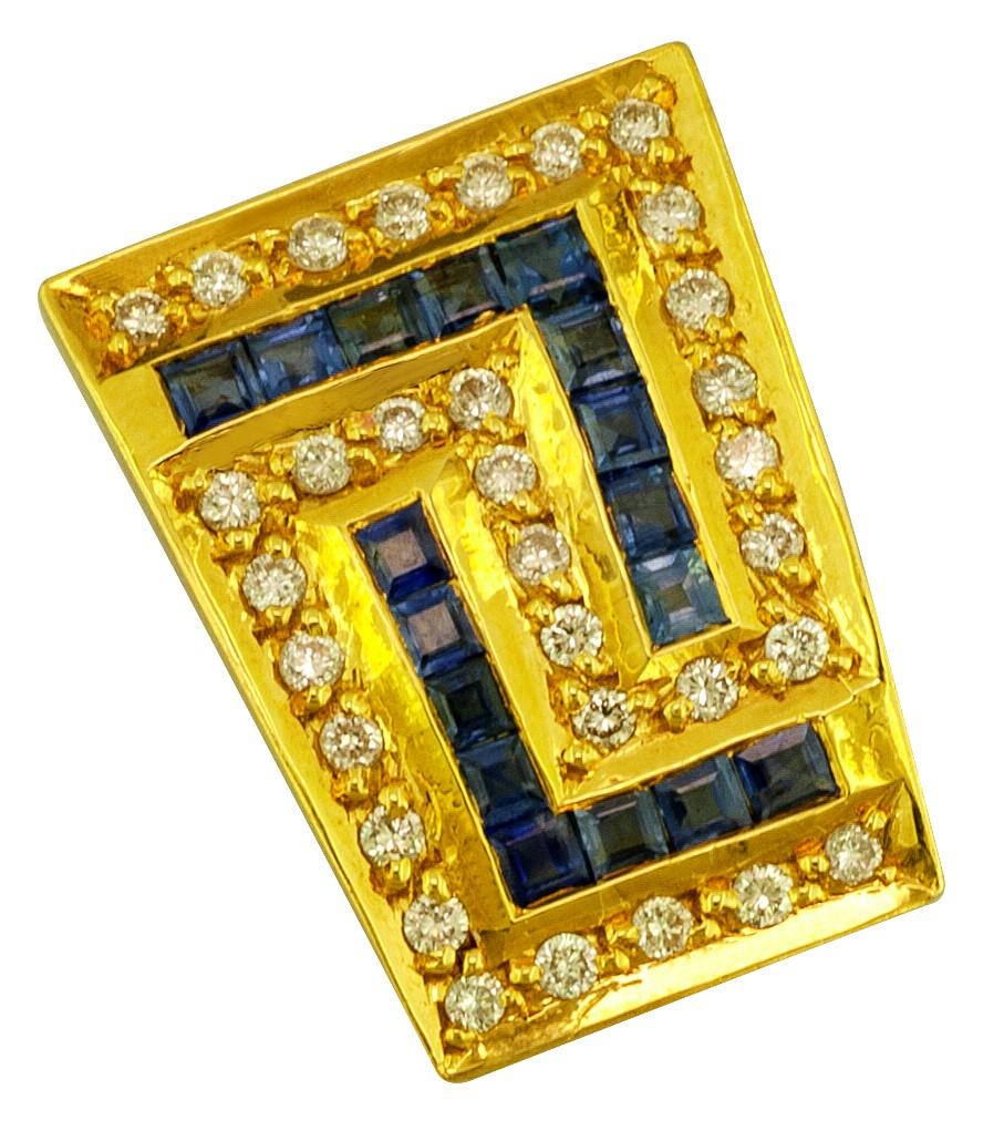 Georgios Collections 18 Karat Yellow Gold Sapphire and Diamond Greek Key Pendant For Sale 2