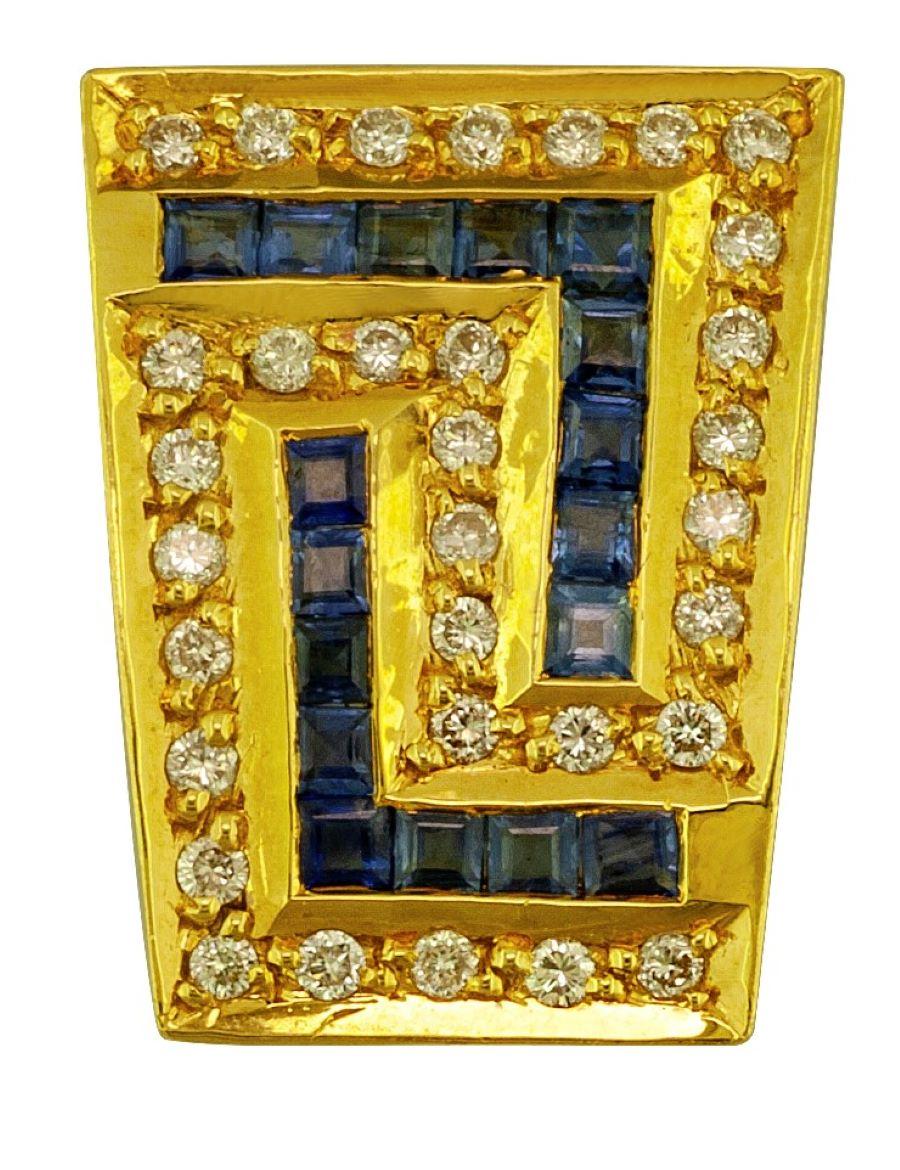 Georgios Collections 18 Karat Yellow Gold Sapphire and Diamond Greek Key Pendant For Sale 3