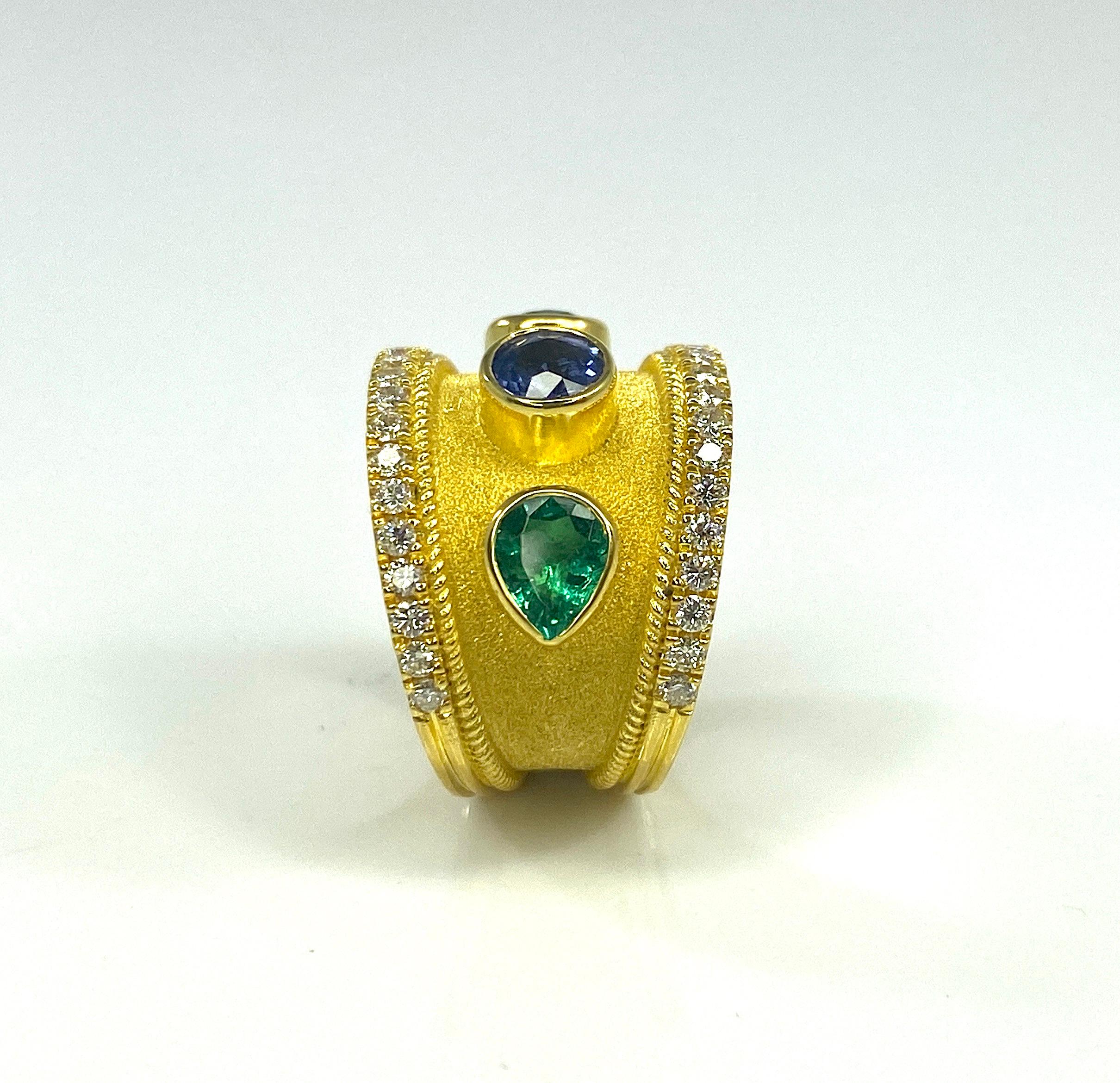 Georgios Collections 18 Karat Yellow Gold Sapphire and Emerald Ring For Sale 4