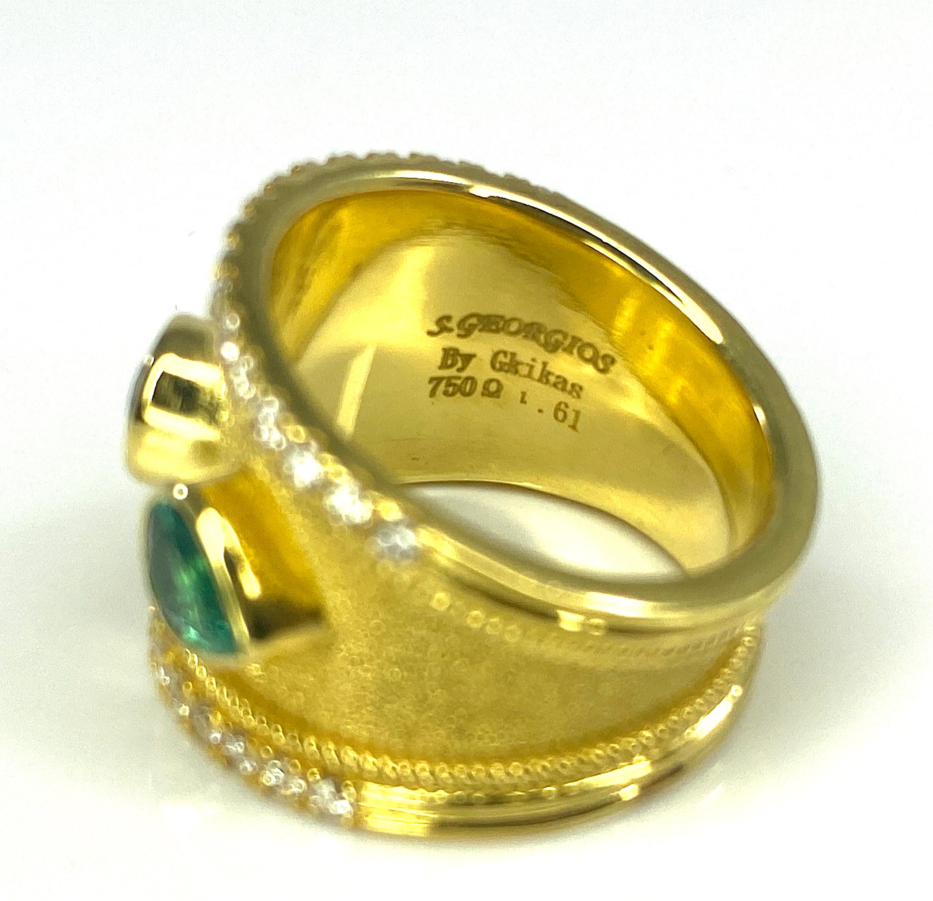 Pear Cut Georgios Collections 18 Karat Yellow Gold Sapphire and Emerald Ring For Sale