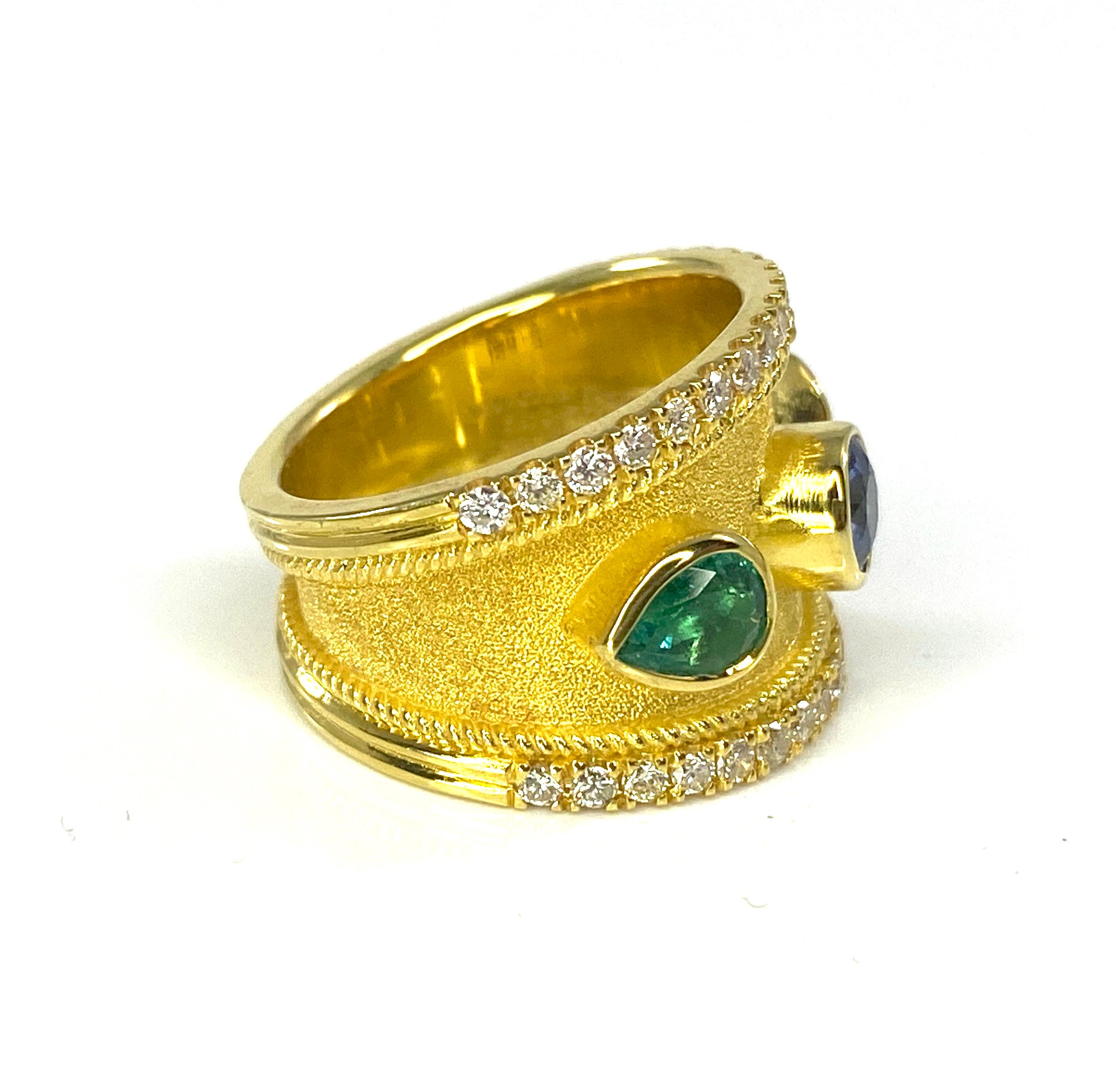 Georgios Collections 18 Karat Yellow Gold Sapphire and Emerald Ring In New Condition For Sale In Astoria, NY
