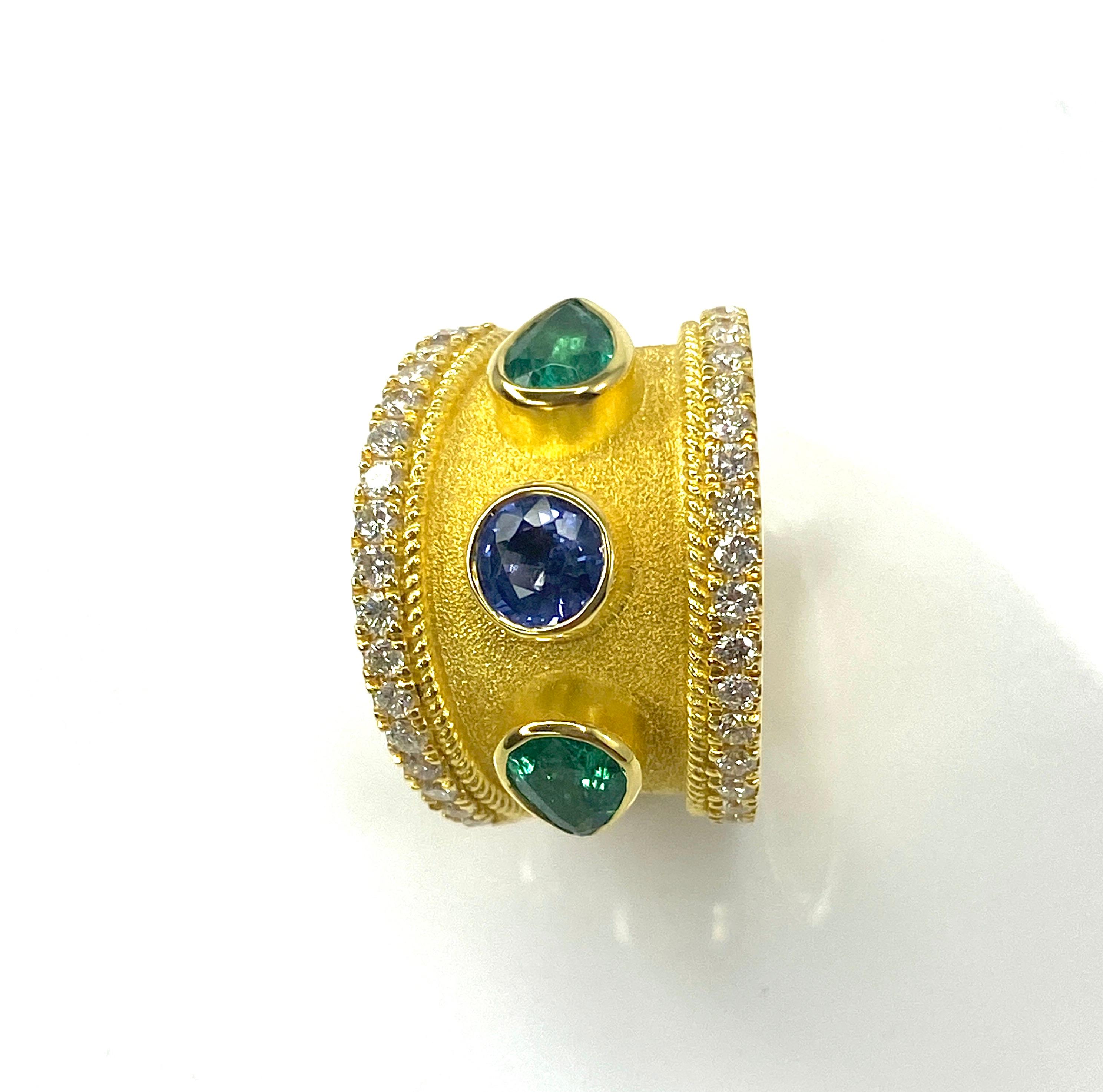 Georgios Collections 18 Karat Yellow Gold Sapphire and Emerald Ring For Sale 2