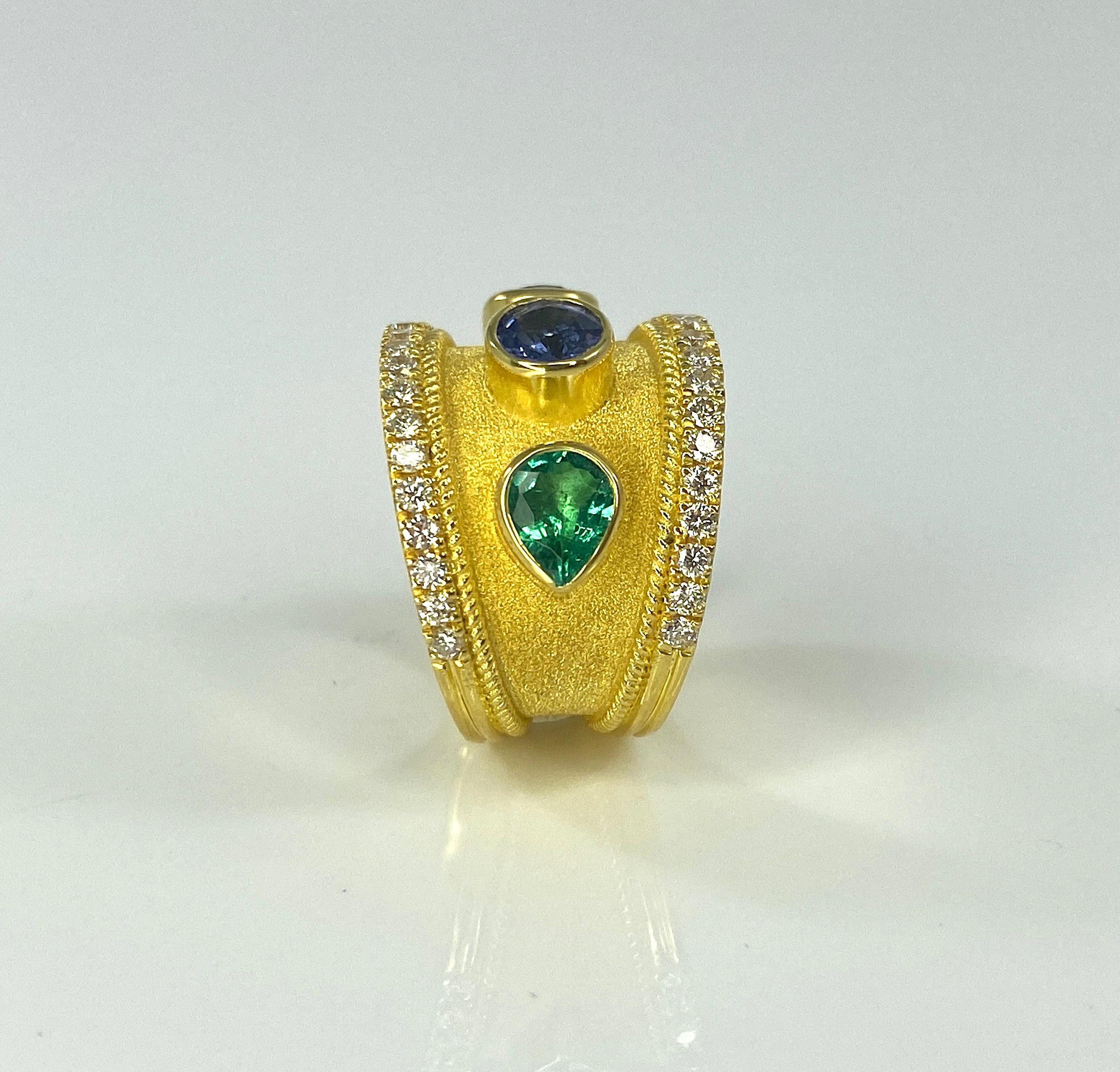 Georgios Collections 18 Karat Yellow Gold Sapphire and Emerald Ring For Sale 3