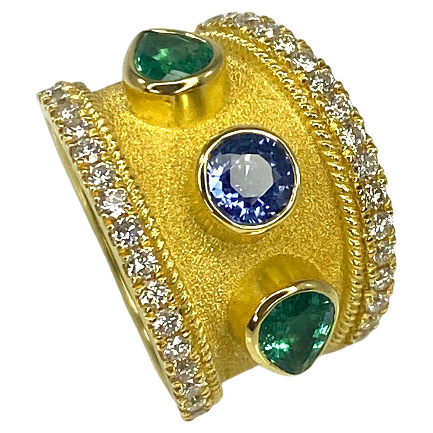 Georgios Collections 18 Karat Yellow Gold Sapphire and Emerald Ring For Sale