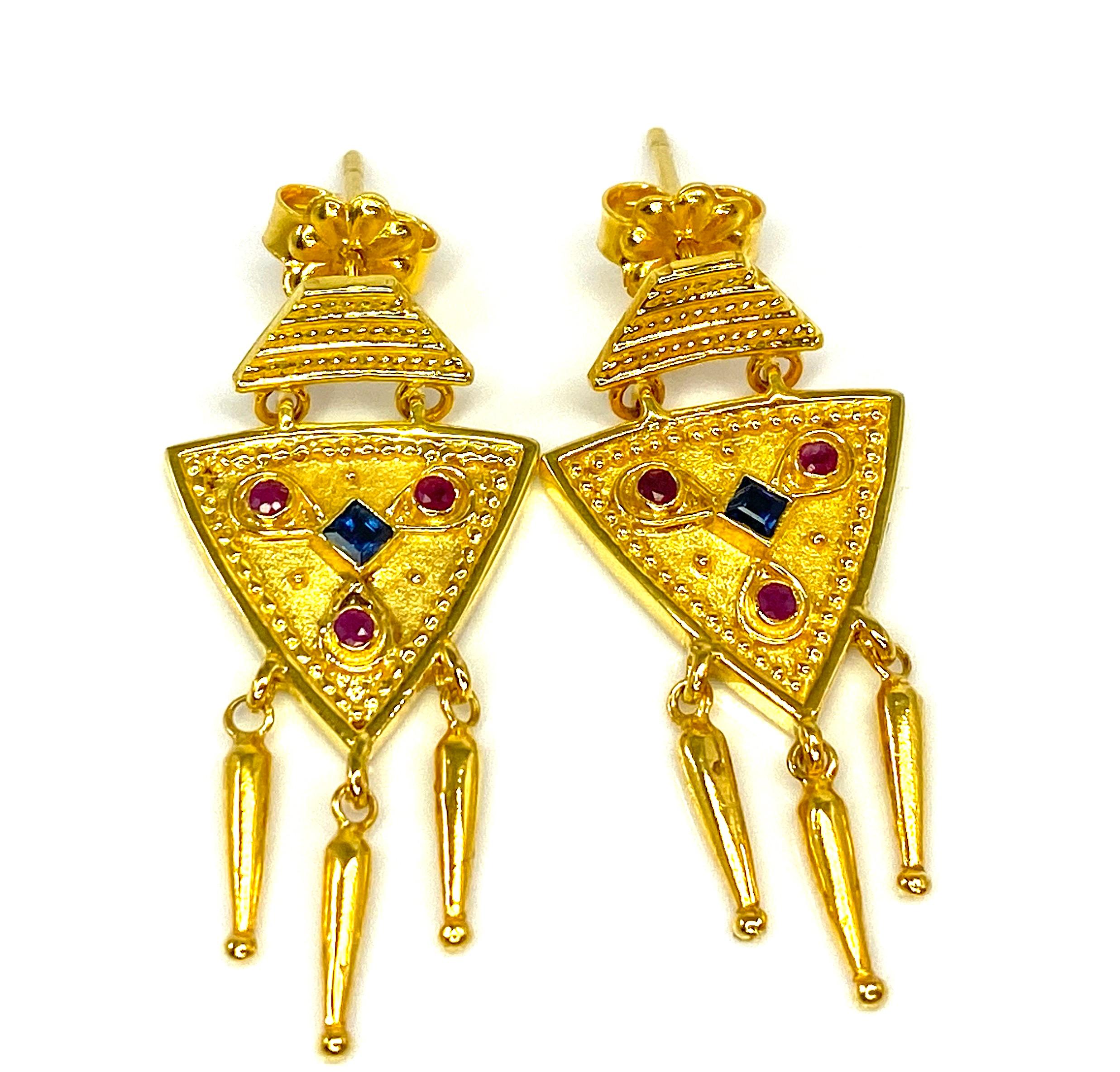 Byzantine Georgios Collections 18 Karat Yellow Gold Sapphire and Ruby Drop Earrings For Sale
