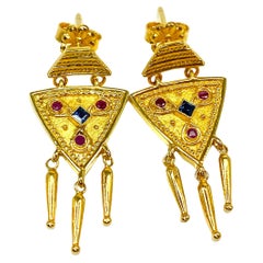 Georgios Collections 18 Karat Yellow Gold Sapphire and Ruby Drop Earrings