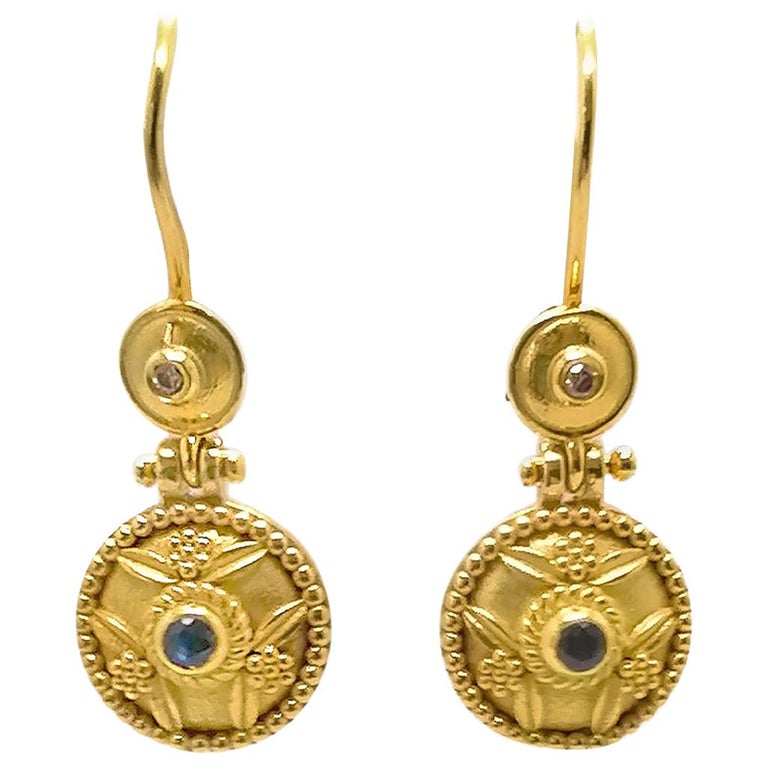 Georgios Collections 18 Karat Yellow Gold Sapphire Byzantine Drop Earrings For Sale