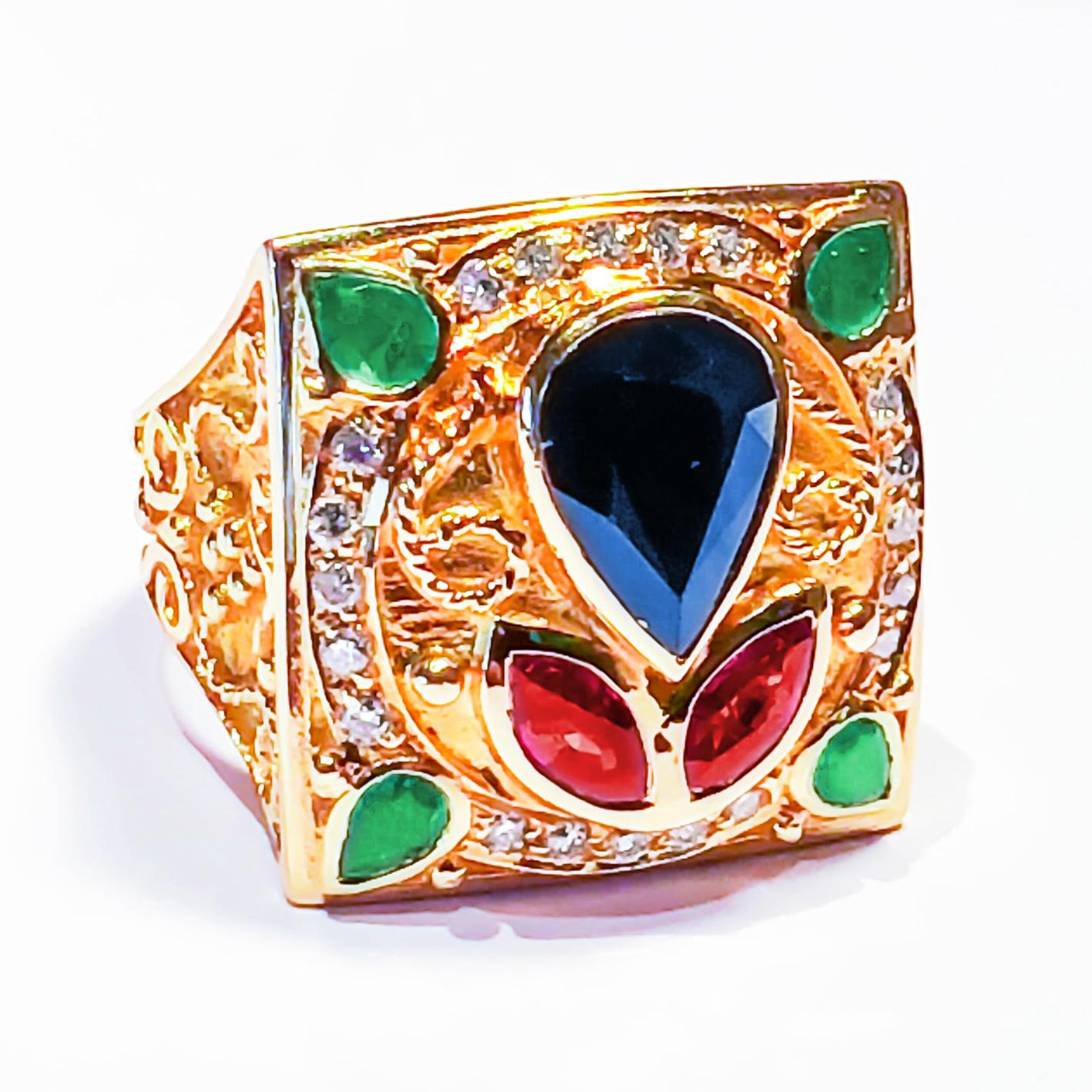 Georgios Collections 18 Karat Yellow Gold Sapphire Ring with Emeralds and Rubies Damen