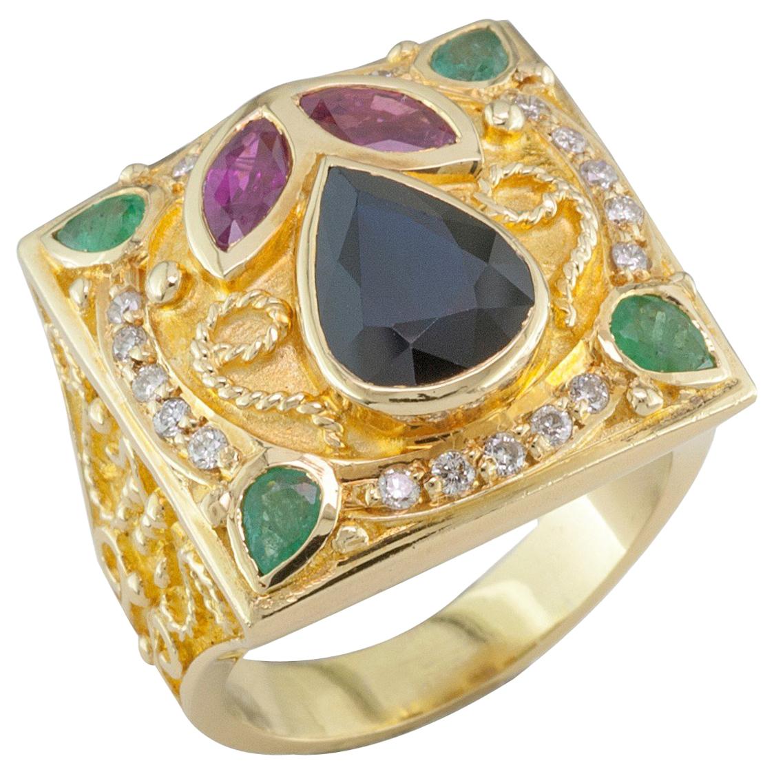 Georgios Collections 18 Karat Yellow Gold Sapphire Ring with Emeralds and Rubies