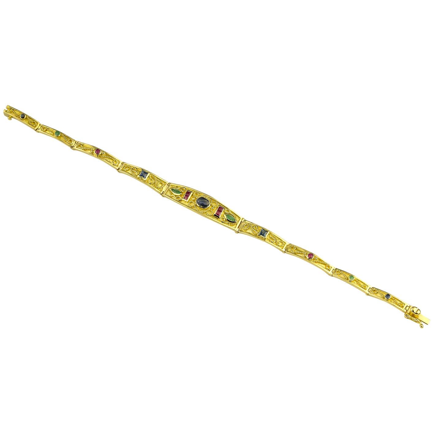 Bracelet collection Georgios en or jaune 18 carats, saphir, rubis et émeraude en vente 1