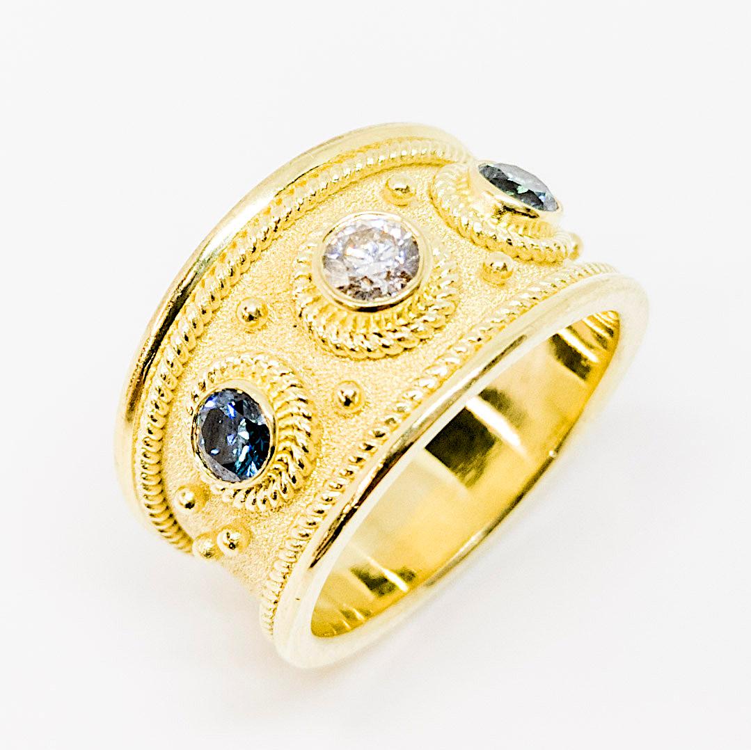 Byzantine Georgios Collections 18 Karat Yellow Gold Solitaire Blue and White Diamond Ring For Sale