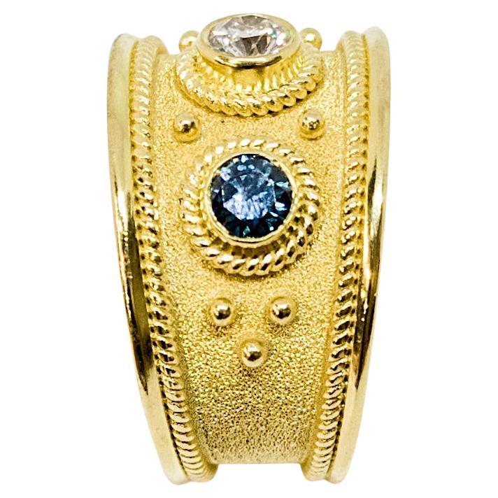Georgios Collections 18 Karat Yellow Gold Solitaire Blue and White Diamond Ring For Sale