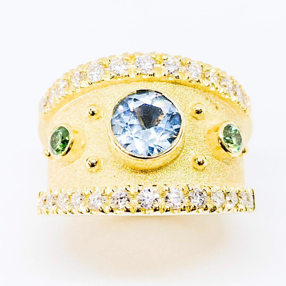 Byzantine Georgios Collections 18 Karat Yellow Gold Solitaire Blue Topaz and Diamond Ring For Sale