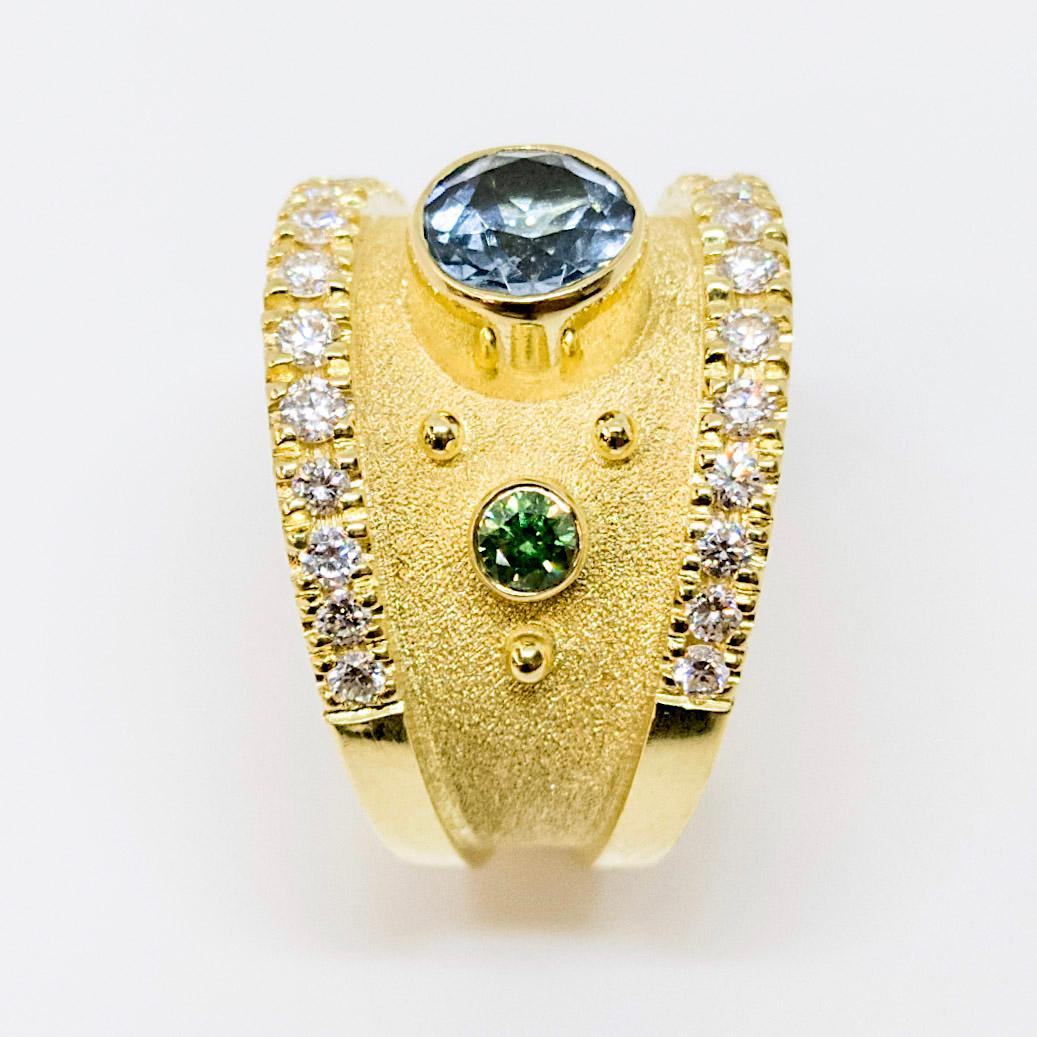 Round Cut Georgios Collections 18 Karat Yellow Gold Solitaire Blue Topaz and Diamond Ring For Sale