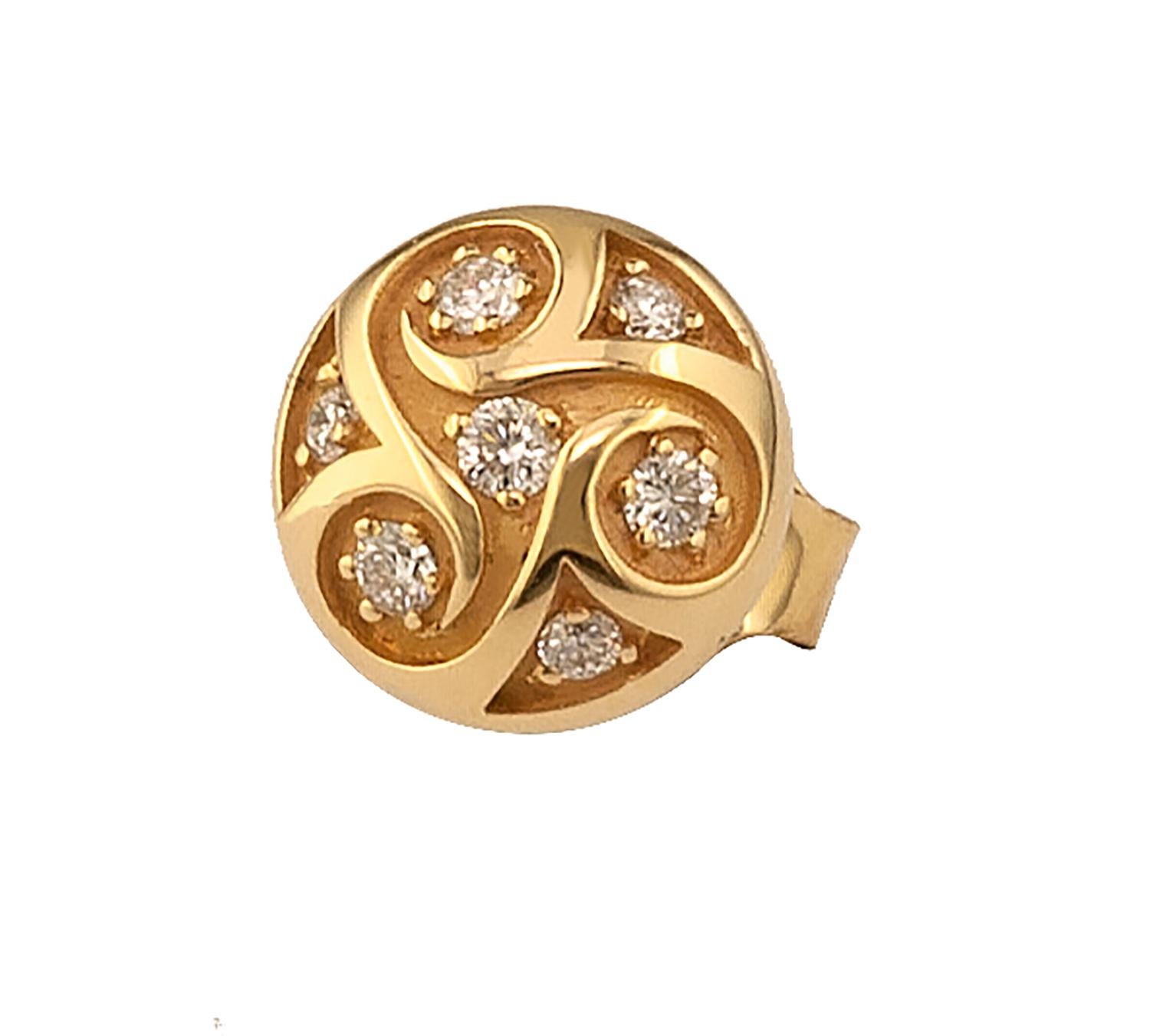 These S.Georgios designer round stud Earrings are 18 Karat yellow gold and microscopically carved by hand and finished with a unique velvet background look. These beautiful round stud earrings feature 14 brilliant-cut White Diamonds total weight