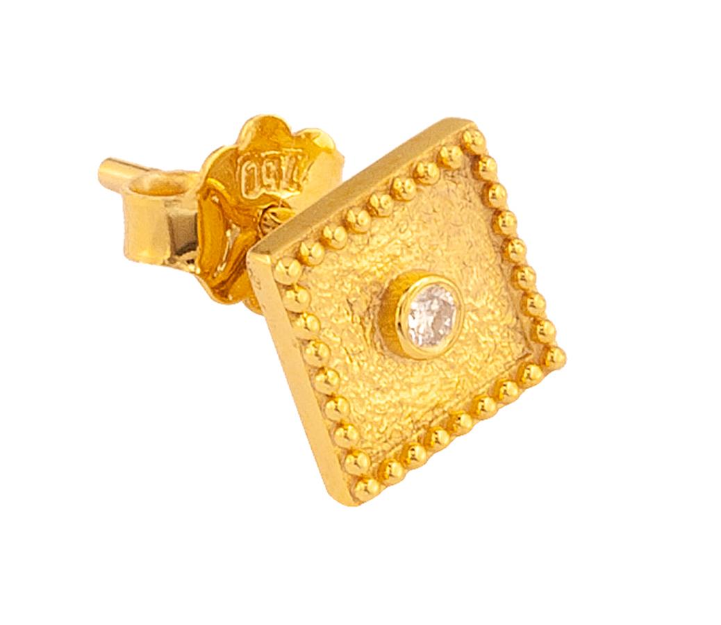 These S.Georgios Designer Earrings are 18 Karat yellow gold and microscopically decorated with hand-made bead granulation workmanship, finished with a unique velvet background look. These beautiful square earrings feature two brilliant-cut White