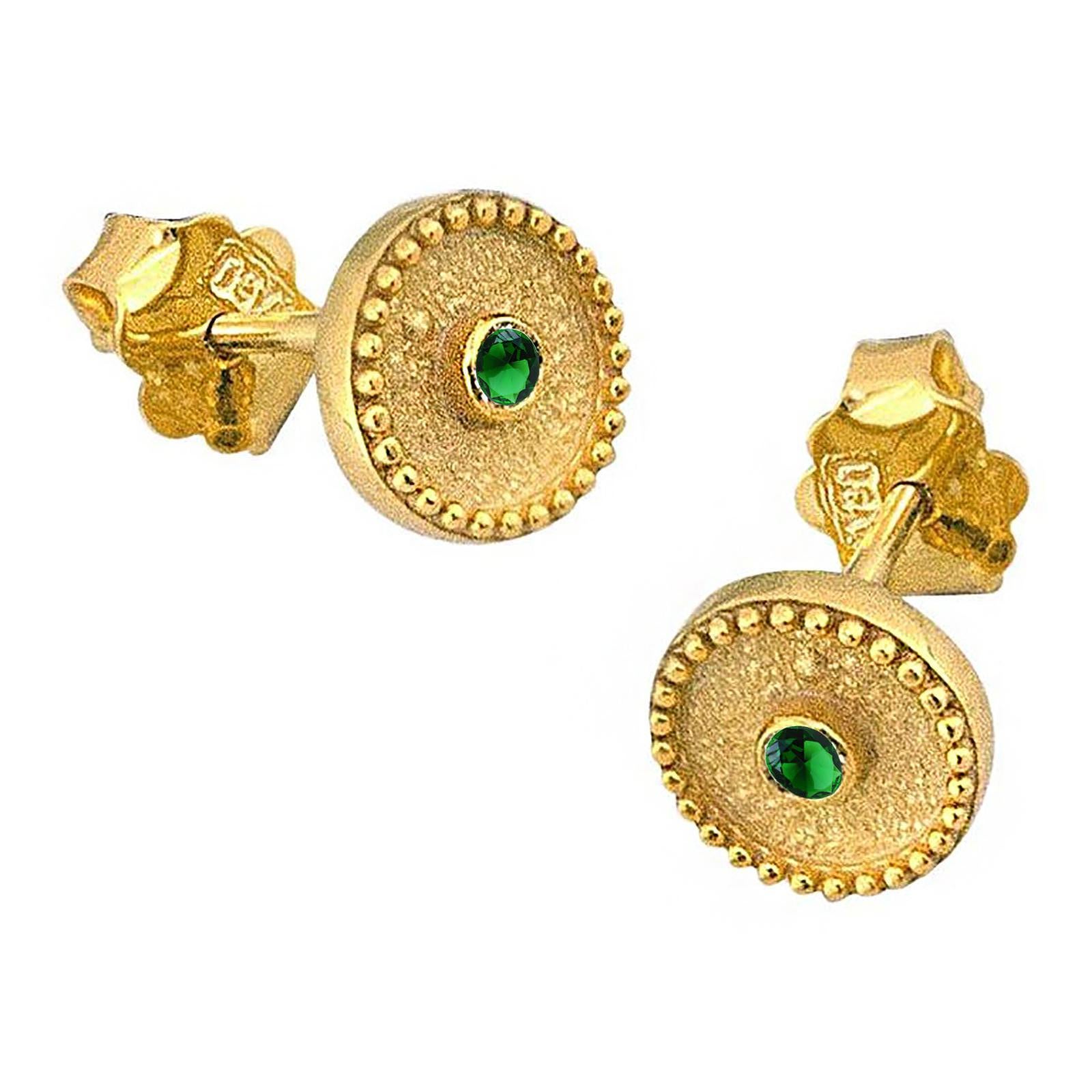 Round Cut Georgios Collections 18 Karat Yellow Gold Solitaire Emerald Stud Earrings