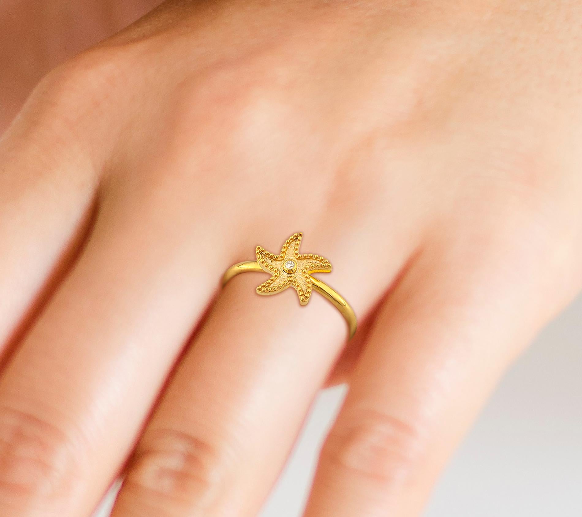 Georgios Collections 18 Karat Yellow Gold Starfish Diamond Thin Band Ring For Sale 4