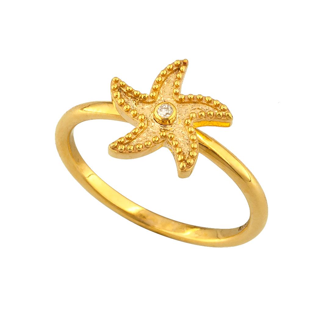 Georgios Collections Bague jonc fin en or jaune 18 carats avec étoile de mer et diamants