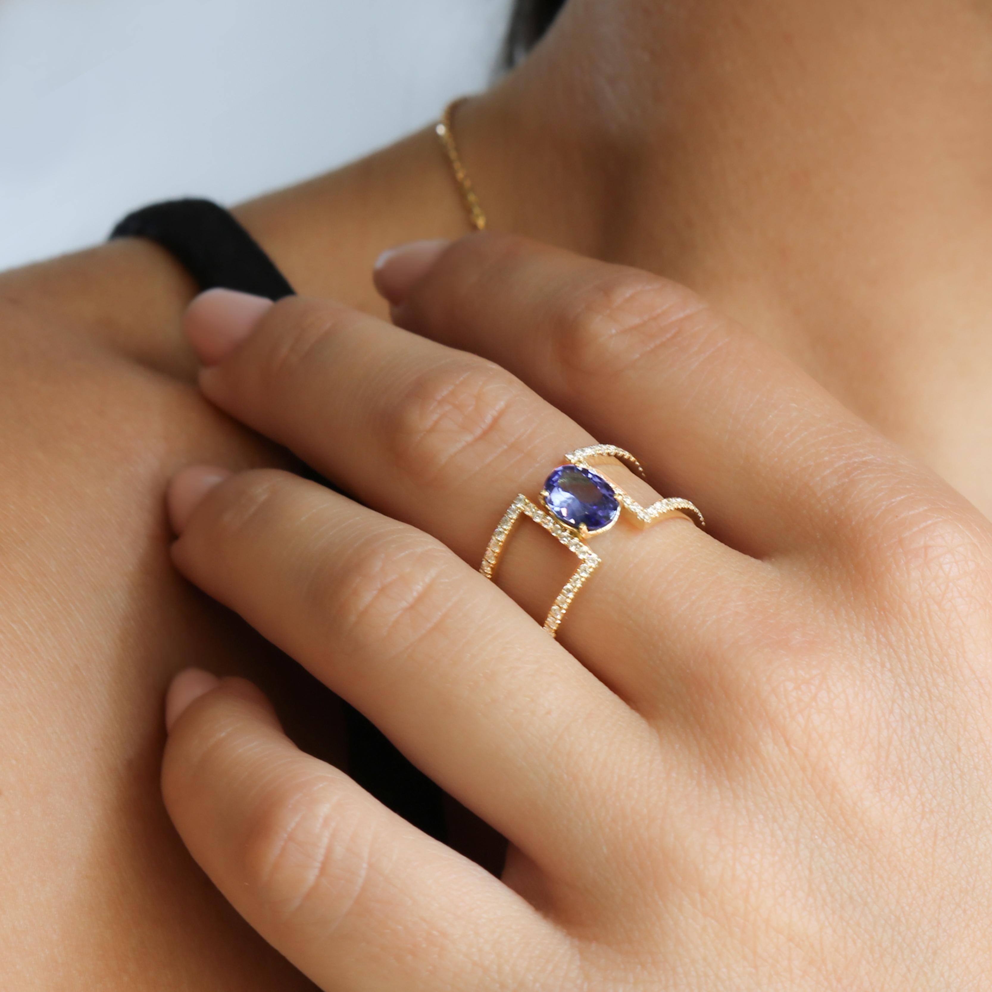 Georgios Collections 18 Karat Yellow Gold Tanzanite and Diamond Double Band Ring For Sale 5