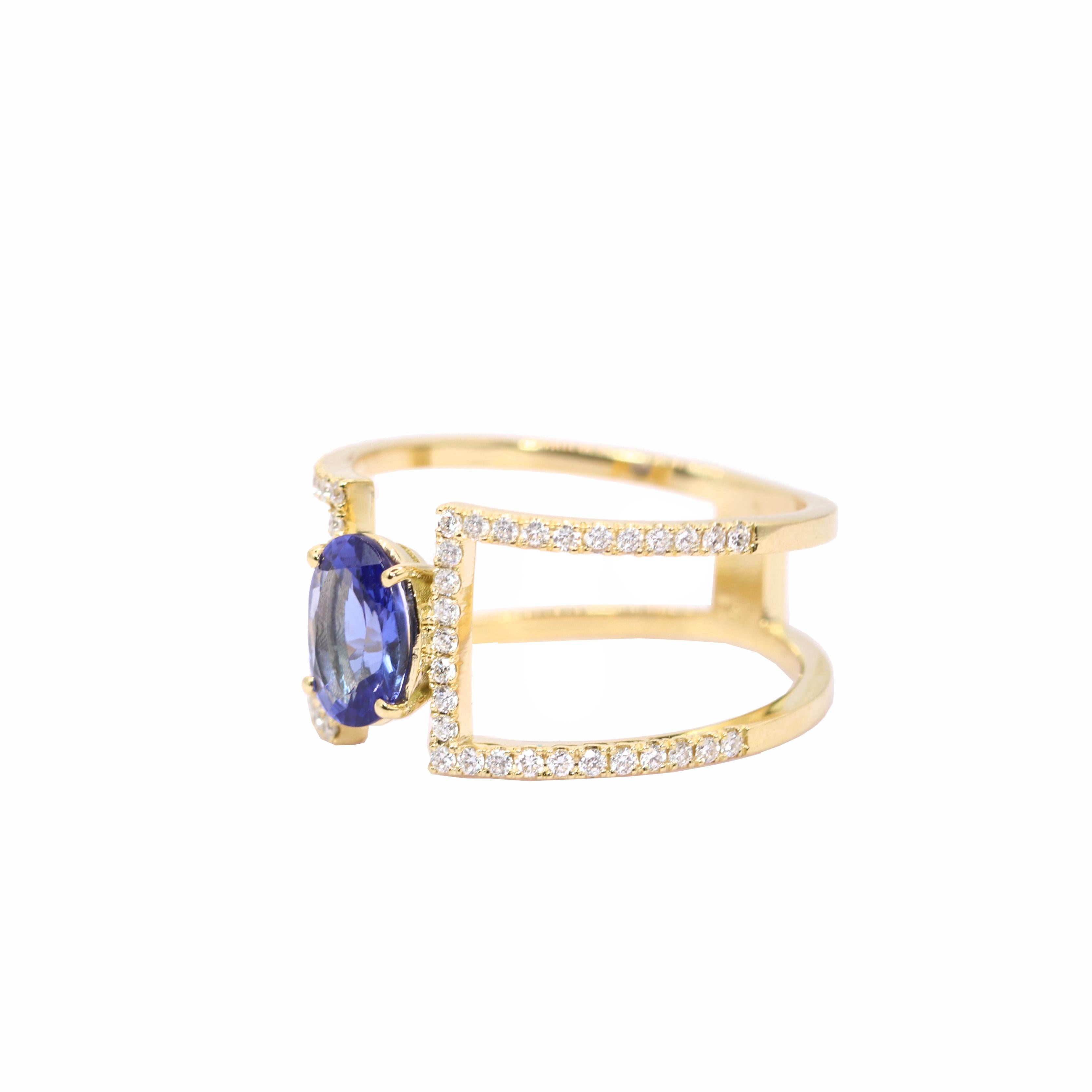 Georgios Collections 18 Karat Yellow Gold Tanzanite and Diamond Double Band Ring In New Condition For Sale In Astoria, NY