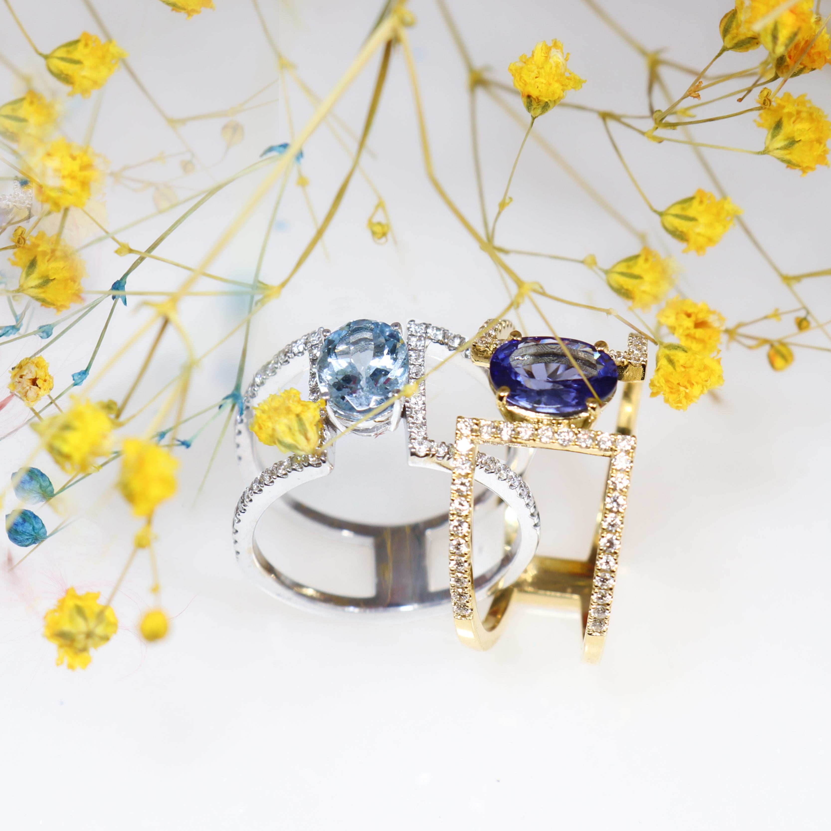 Women's Georgios Collections 18 Karat Yellow Gold Tanzanite and Diamond Double Band Ring For Sale