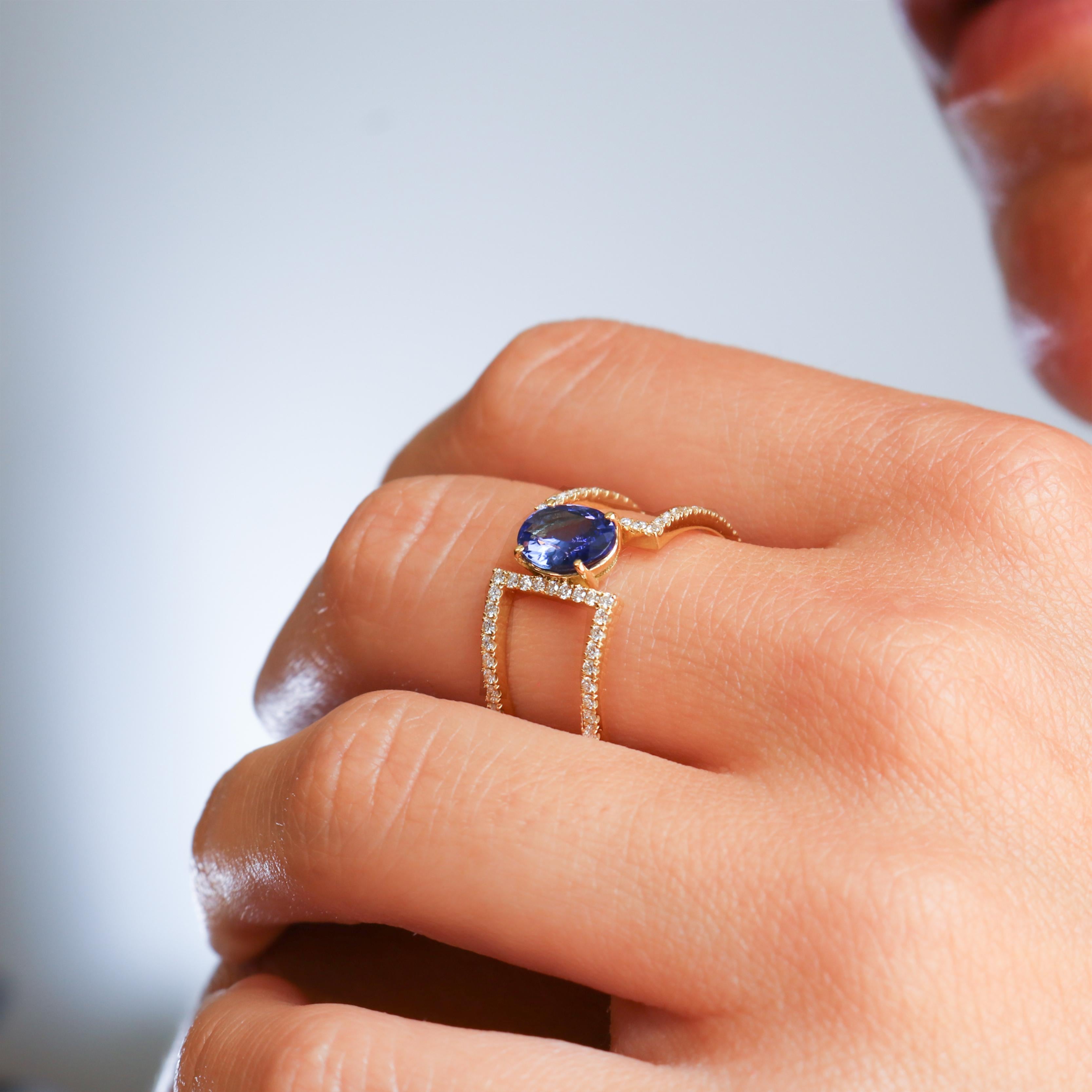 Georgios Collections 18 Karat Yellow Gold Tanzanite and Diamond Double Band Ring For Sale 3
