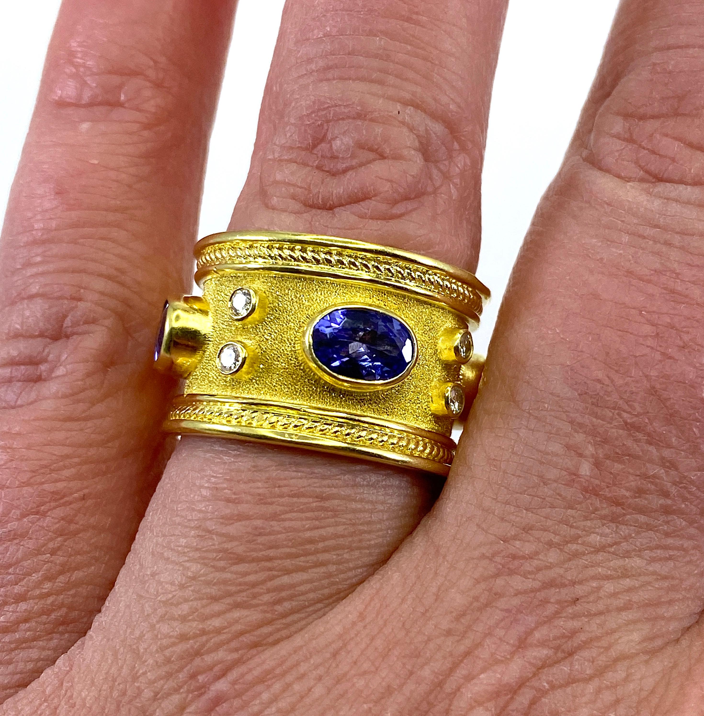 Georgios Collections 18 Karat Yellow Gold Tanzanite and Diamond Wide Band Ring For Sale 4