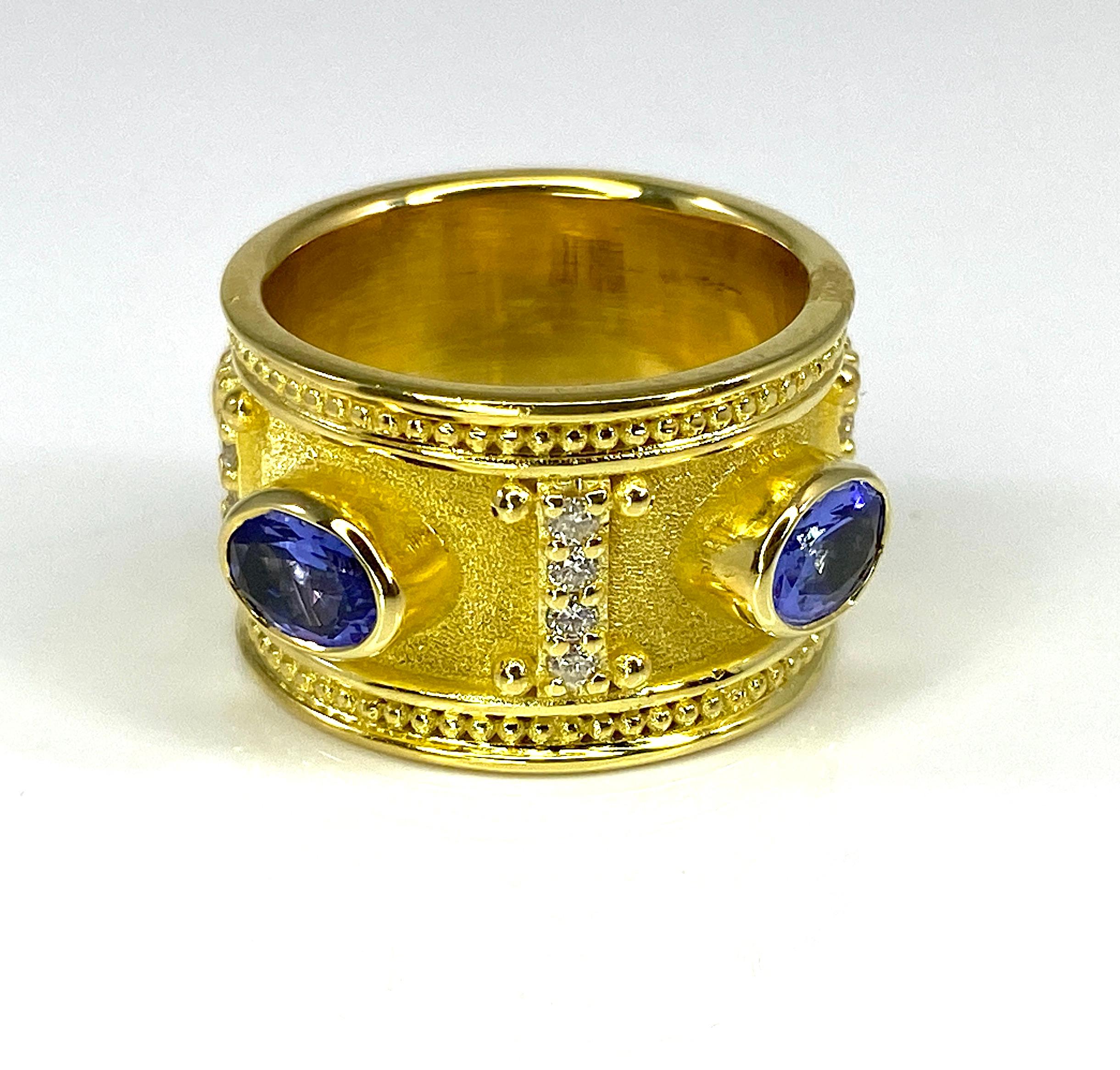 Georgios Collections 18 Karat Yellow Gold Tanzanite and Diamond Wide Band Ring For Sale 11