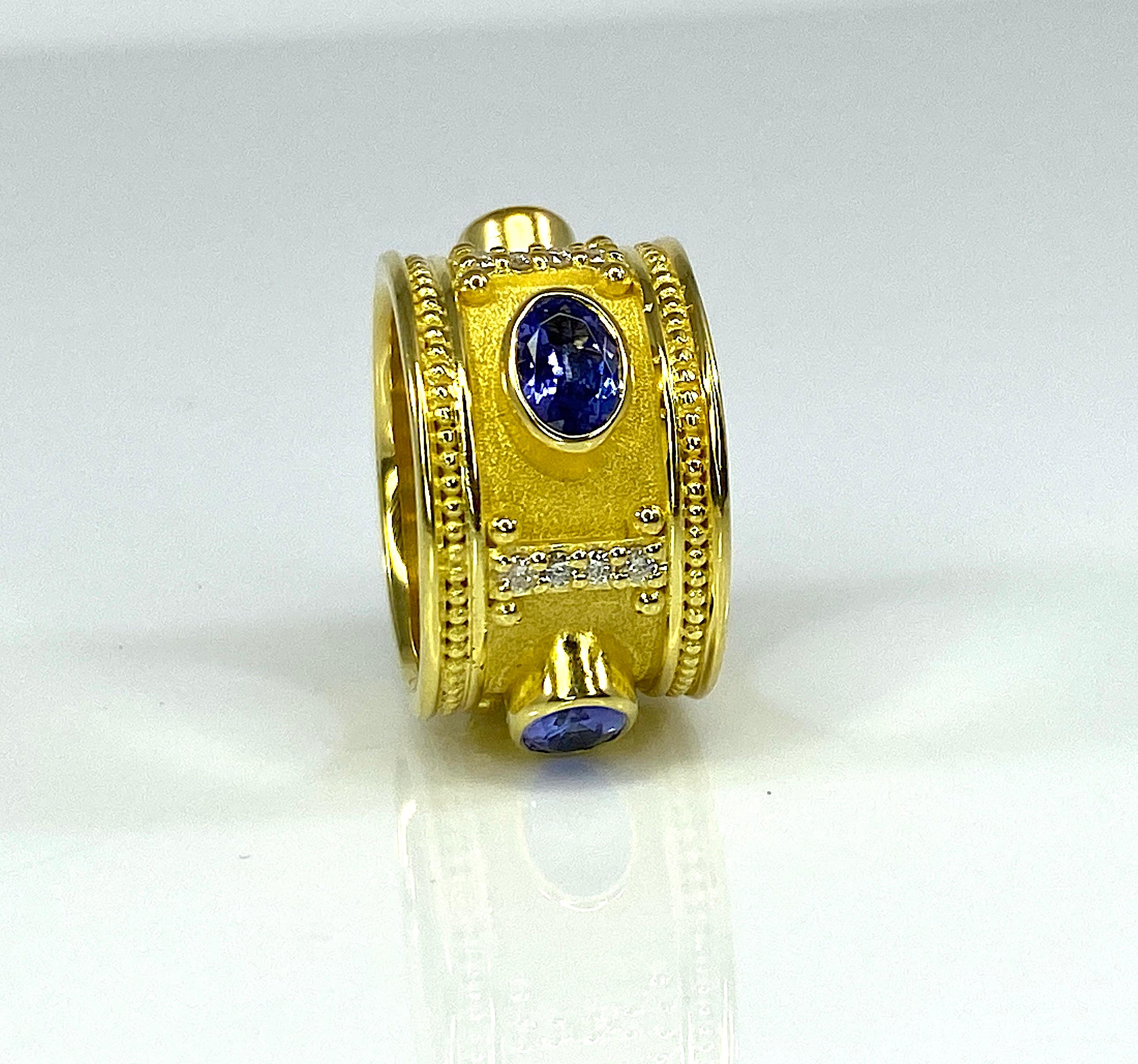 Georgios Collections 18 Karat Yellow Gold Tanzanite and Diamond Wide Band Ring For Sale 12