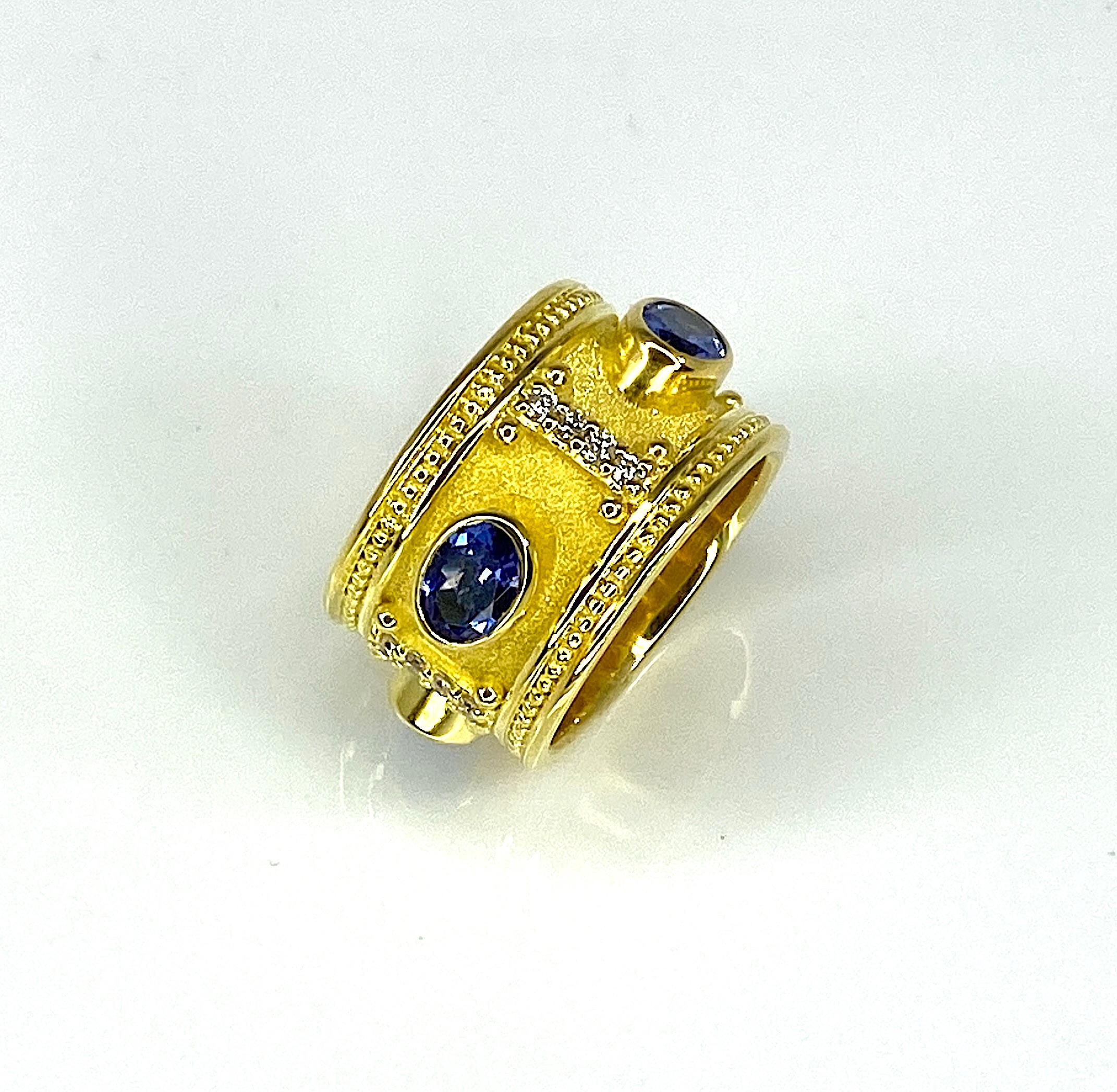 Georgios Collections 18 Karat Yellow Gold Tanzanite and Diamond Wide Band Ring For Sale 13