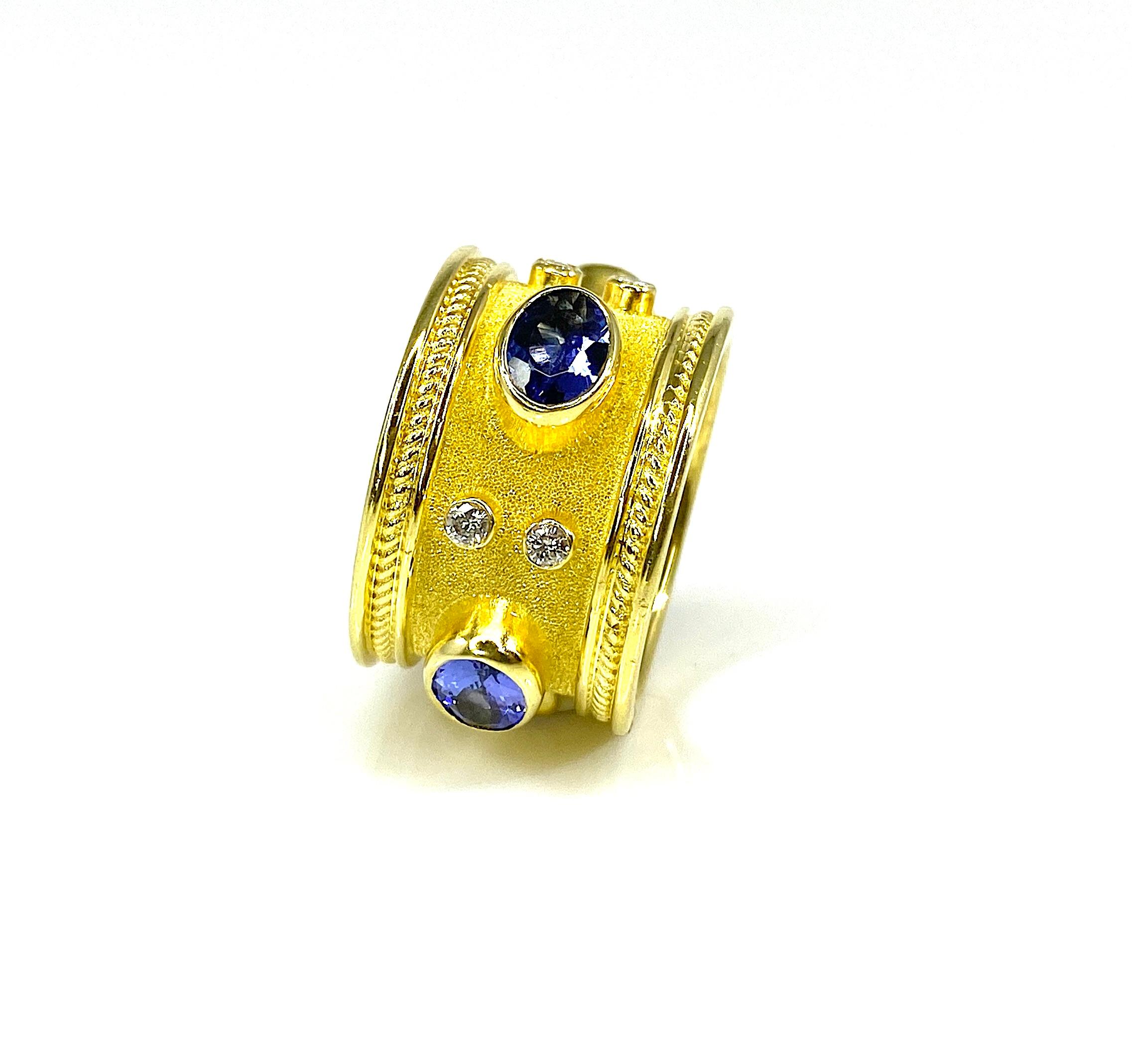 Oval Cut Georgios Collections 18 Karat Yellow Gold Tanzanite and Diamond Wide Band Ring For Sale