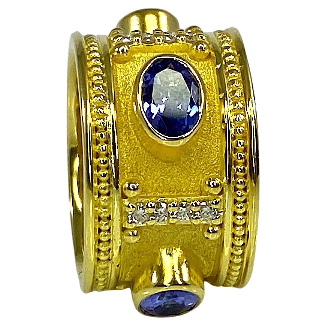 Oval Cut Georgios Collections 18 Karat Yellow Gold Tanzanite and Diamond Wide Band Ring For Sale