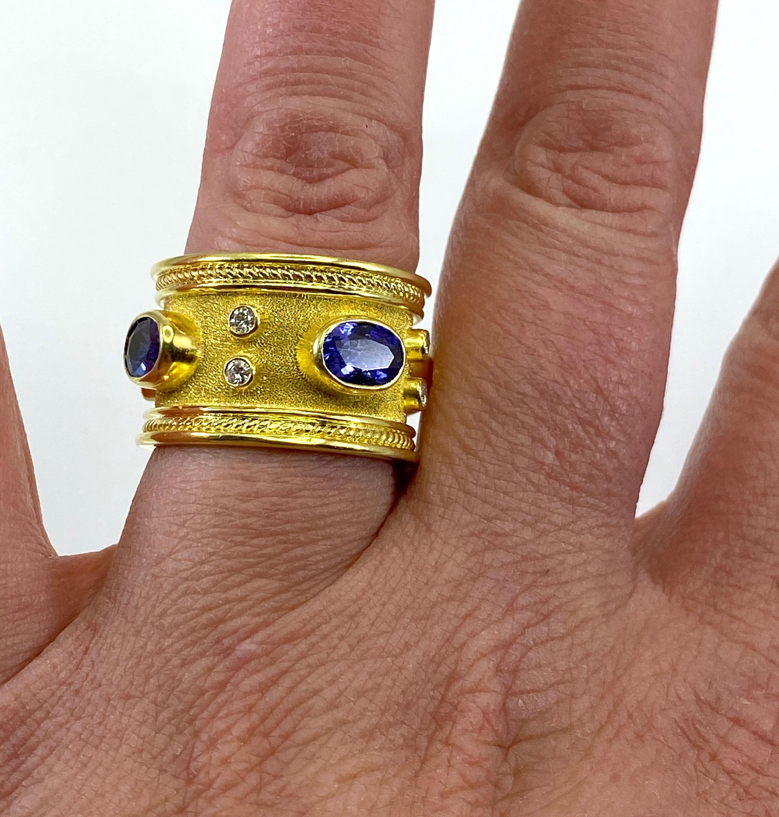 Georgios Collections 18 Karat Yellow Gold Tanzanite and Diamond Wide Band Ring For Sale 2