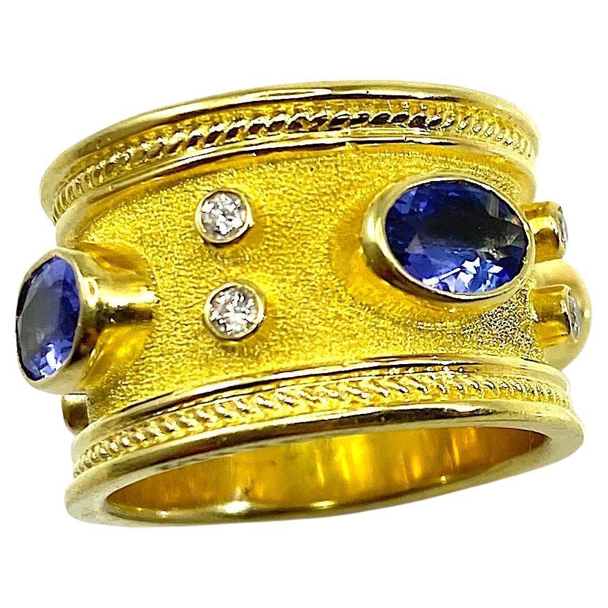 Georgios Collections 18 Karat Yellow Gold Tanzanite and Diamond Wide Band Ring For Sale