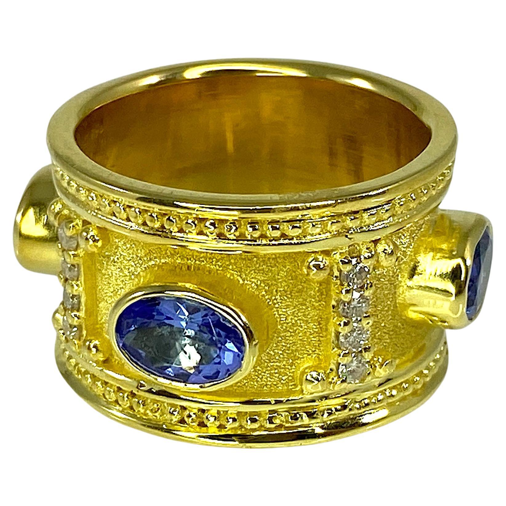 Georgios Collections 18 Karat Yellow Gold Tanzanite and Diamond Wide Band Ring For Sale