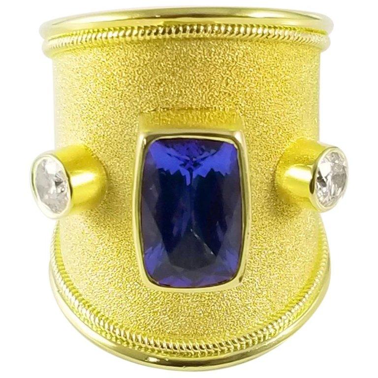 Georgios Collections 18 Karat Yellow Gold Tanzanite Cushion Cut and Diamond Ring For Sale 1